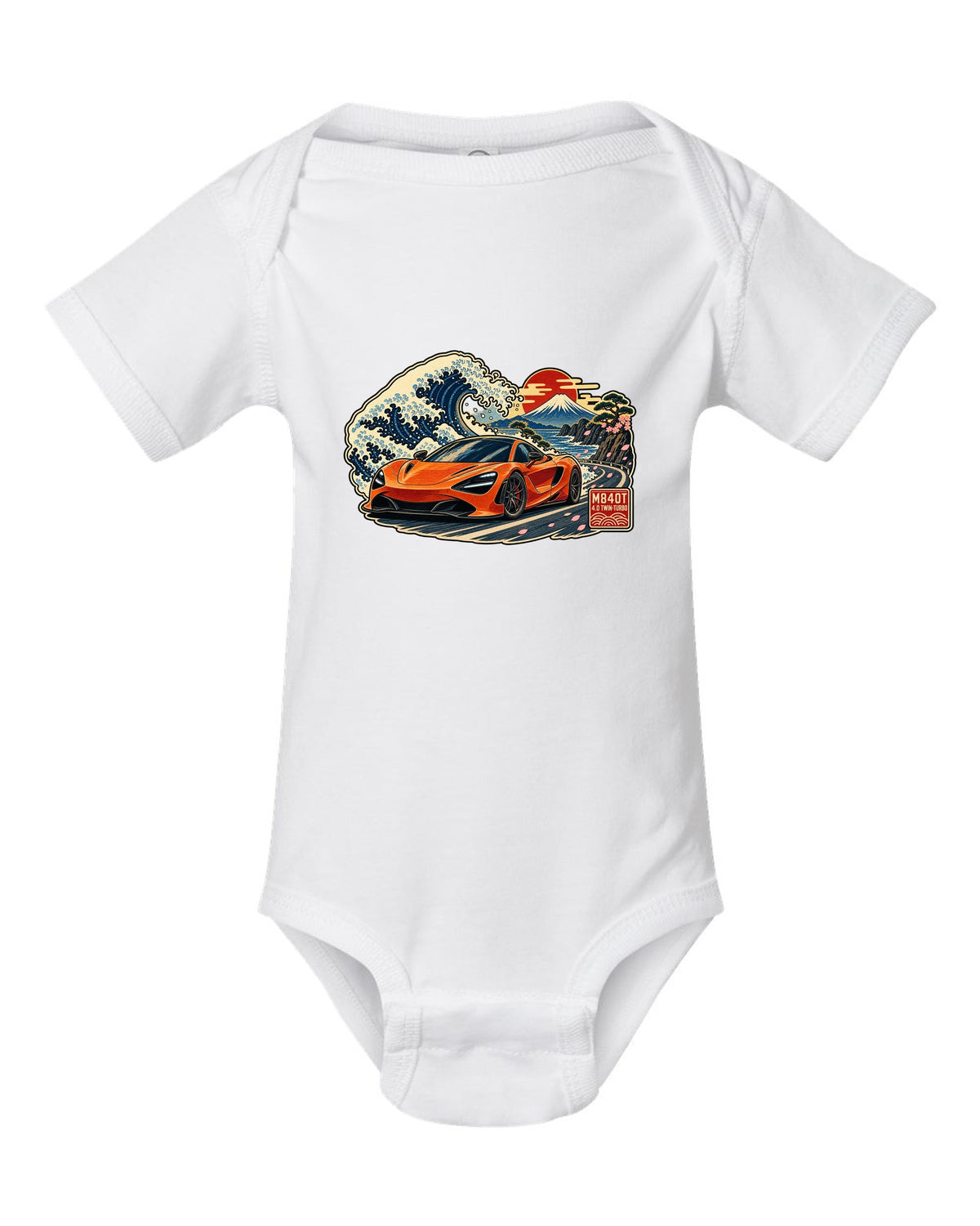 Ukiyo-e woodblock wave print of a McLaren 720S with M840T and 4.0 Twin-Turbo lettering white baby onesie front view with the design