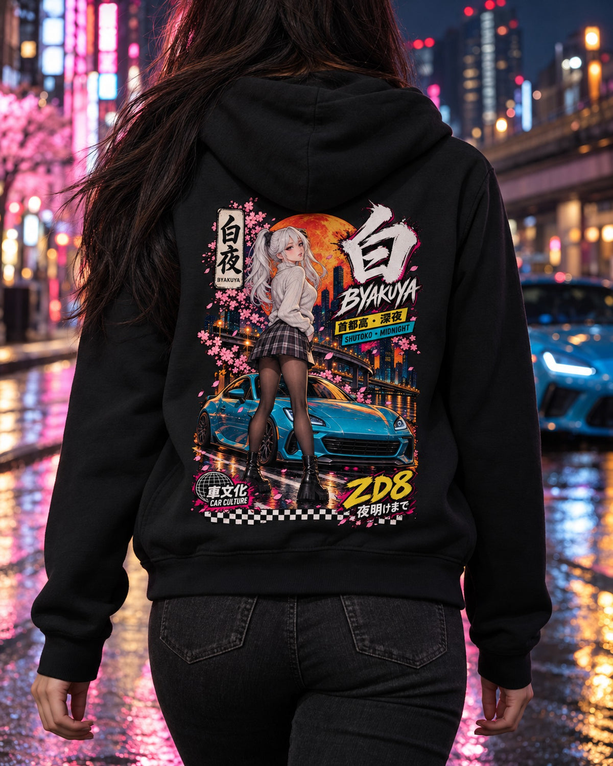 BYAKUYA ZD8 Anime Girl Full-Back Graphic Tee Zip Hoodie Black worn hero