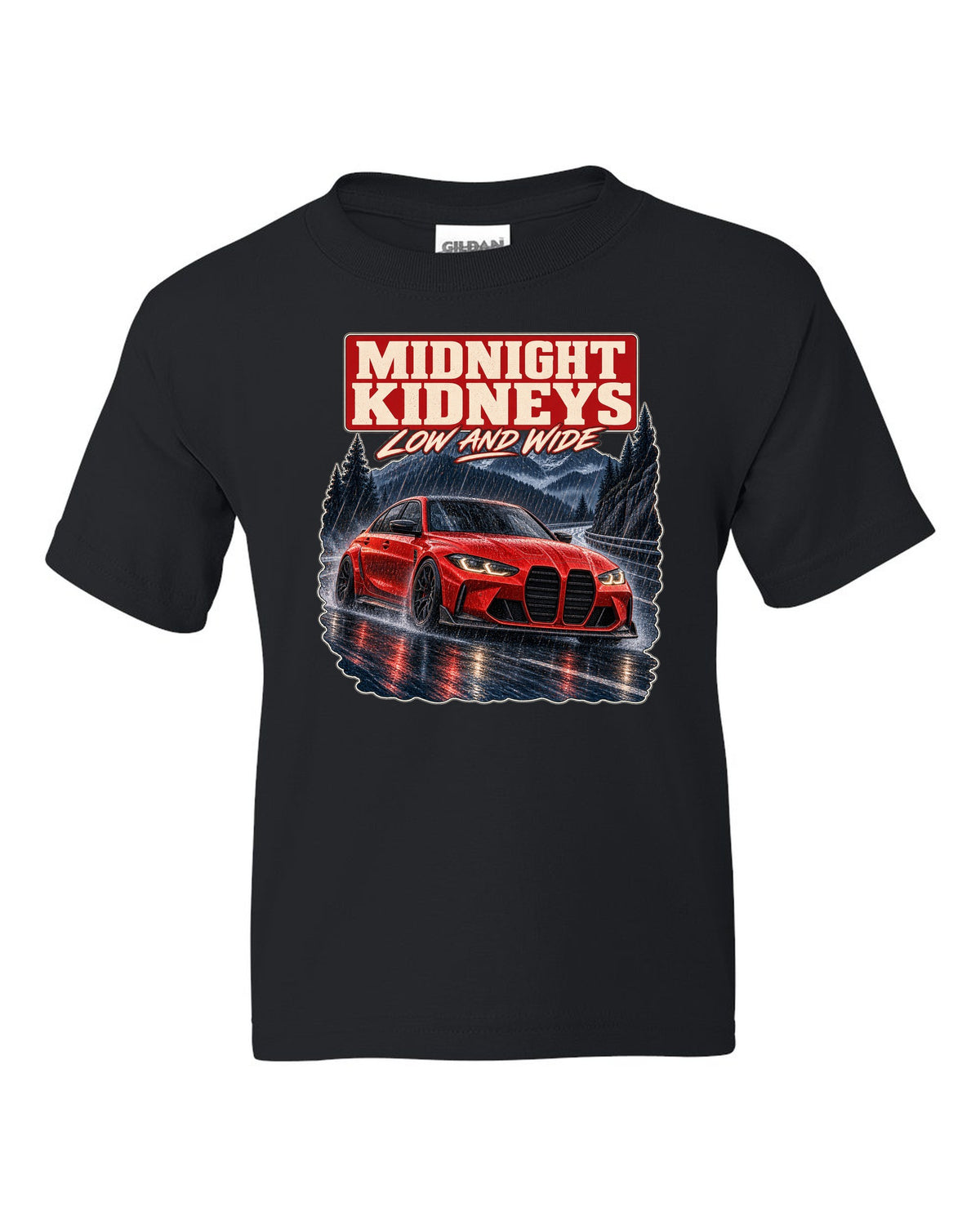 BMW M3 Competition G80 night street print with midnight kidneys text black kids tee front view with the design