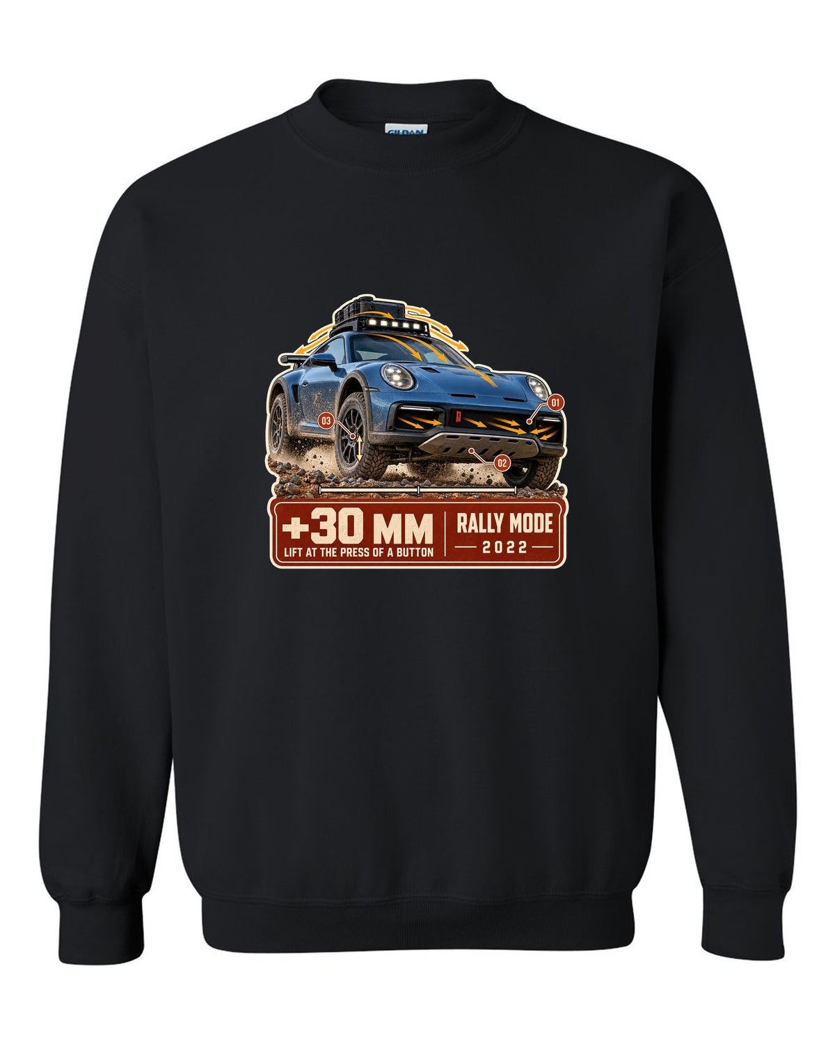 Aero callout print of a Porsche 911 Dakar 992 showing the lift feature black crewneck front view with the design