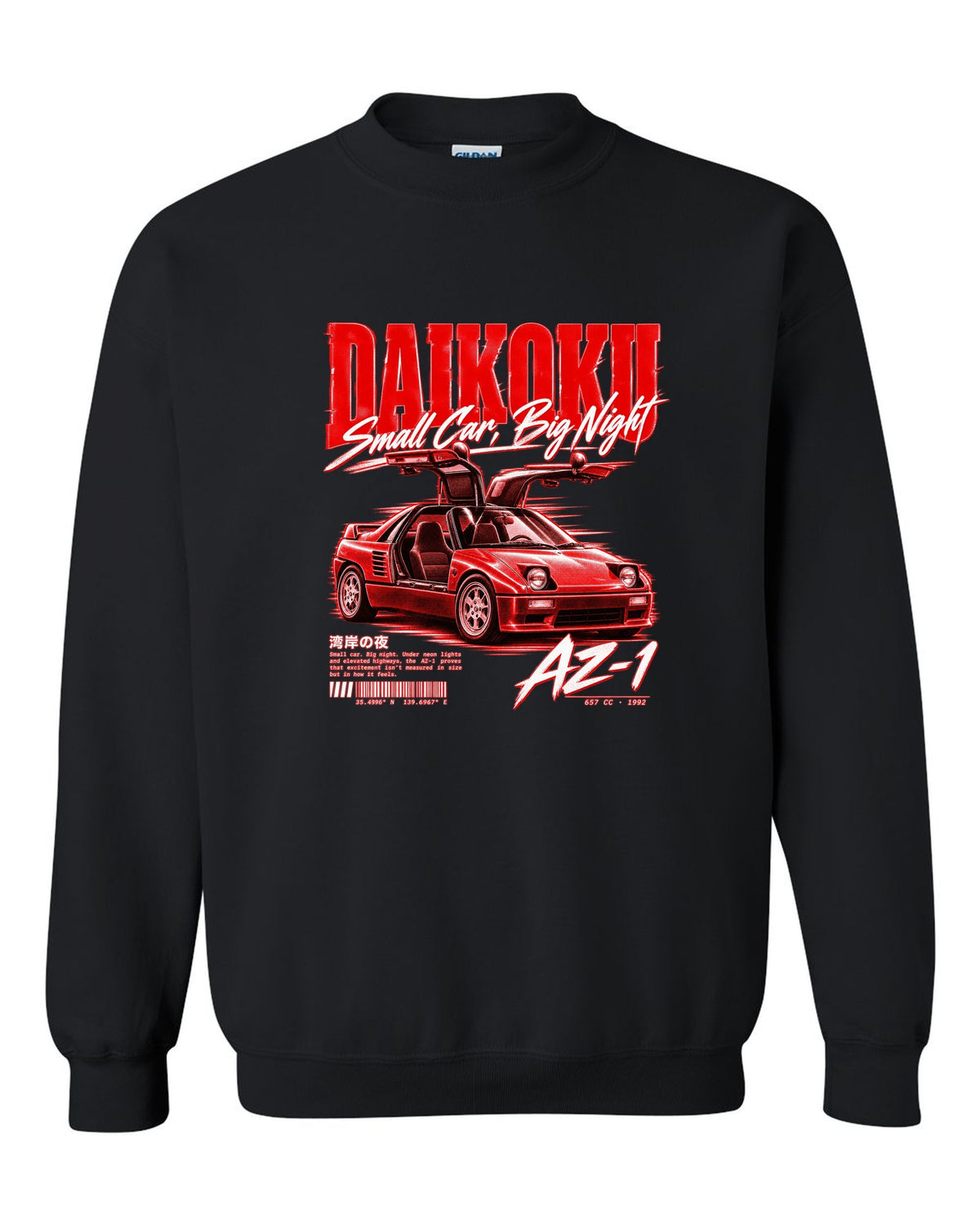 Street poster print of a Mazda AZ-1 PG6SA gull-wing kei car at Daikoku black crewneck front view with the design