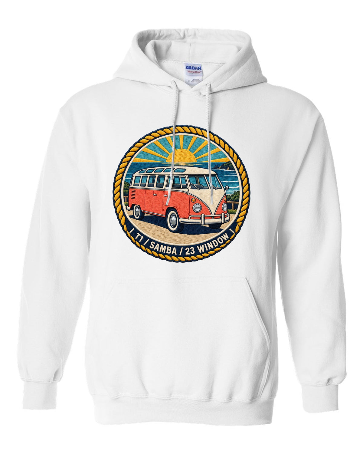 Round crest for the VW Bus T1 Samba 23 window white pull over hoodie front view with the design