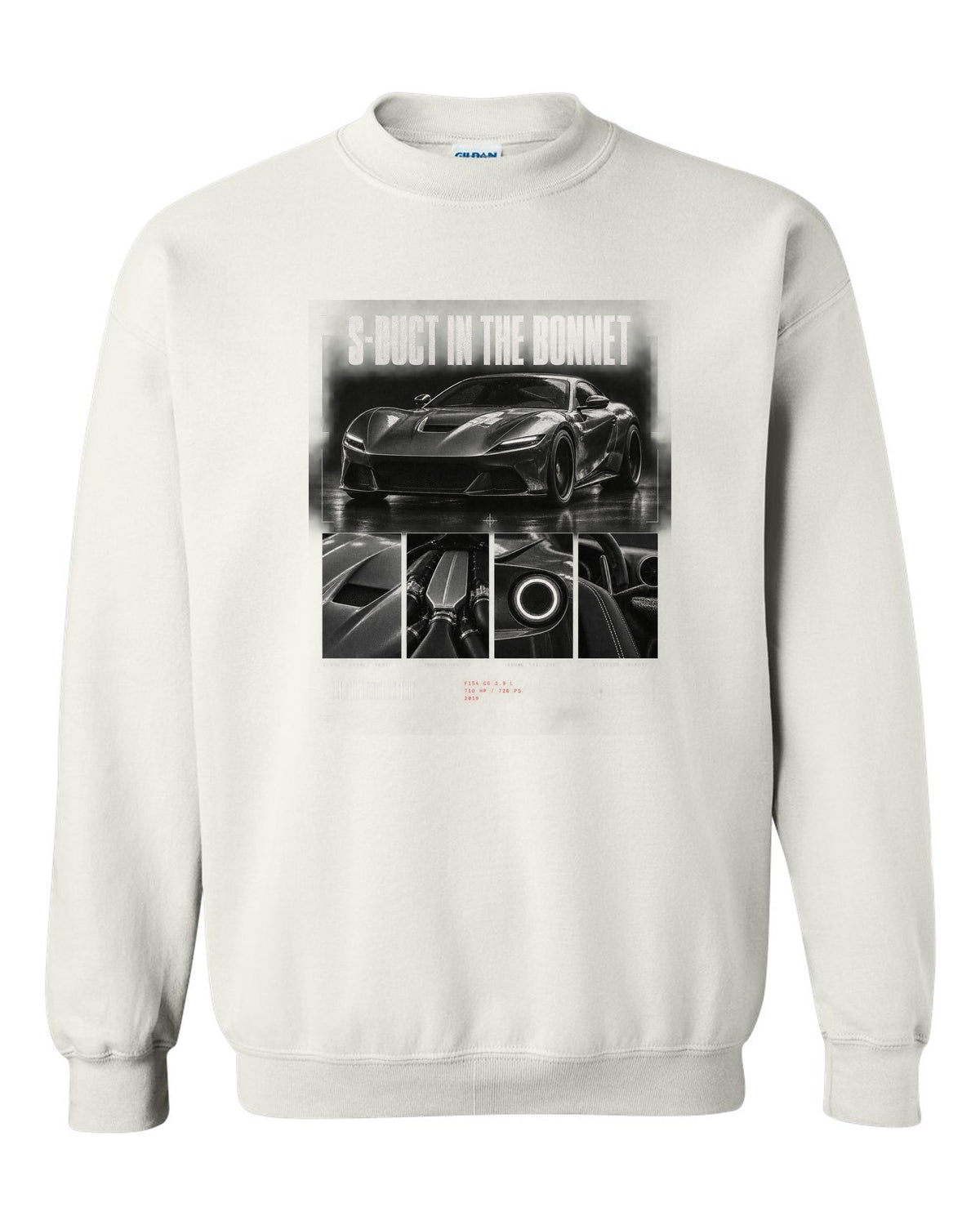 Dossier panel print of a Ferrari F8 Tributo with S-duct in the bonnet and 720 PS text white crewneck front view with the design
