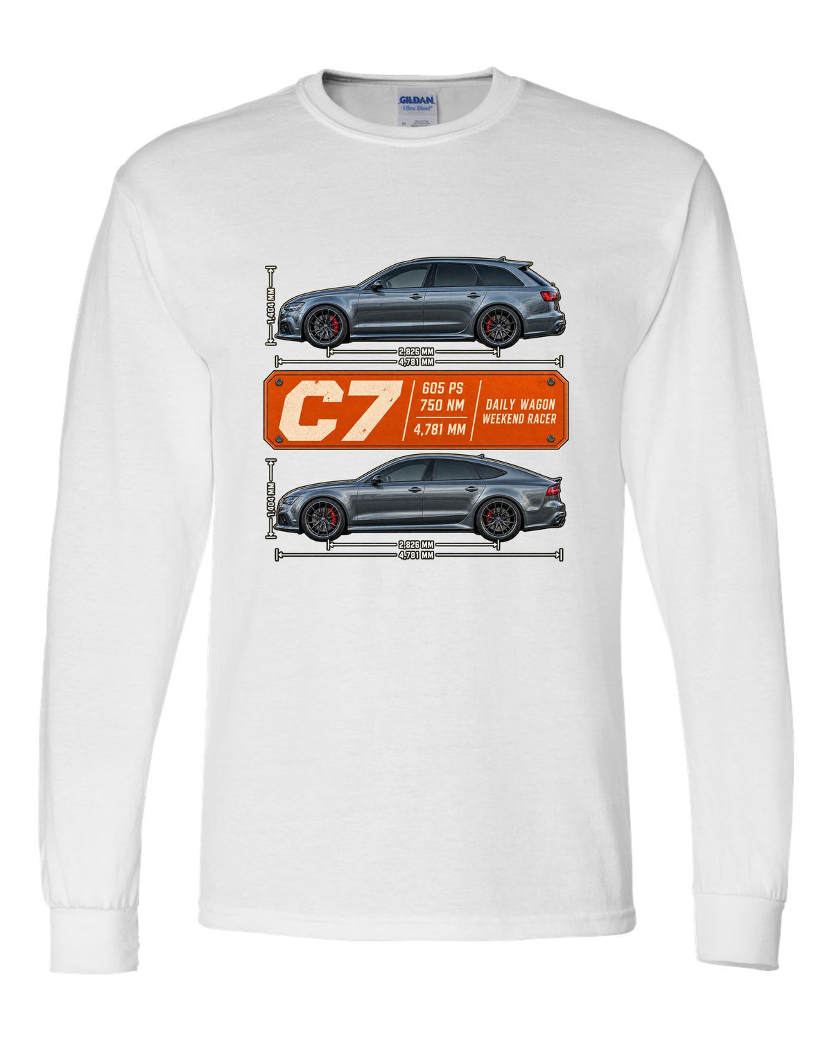 Audi RS4 Avant B9 spec poster print with 450 PS and 600 Nm white long sleeve front view with the design