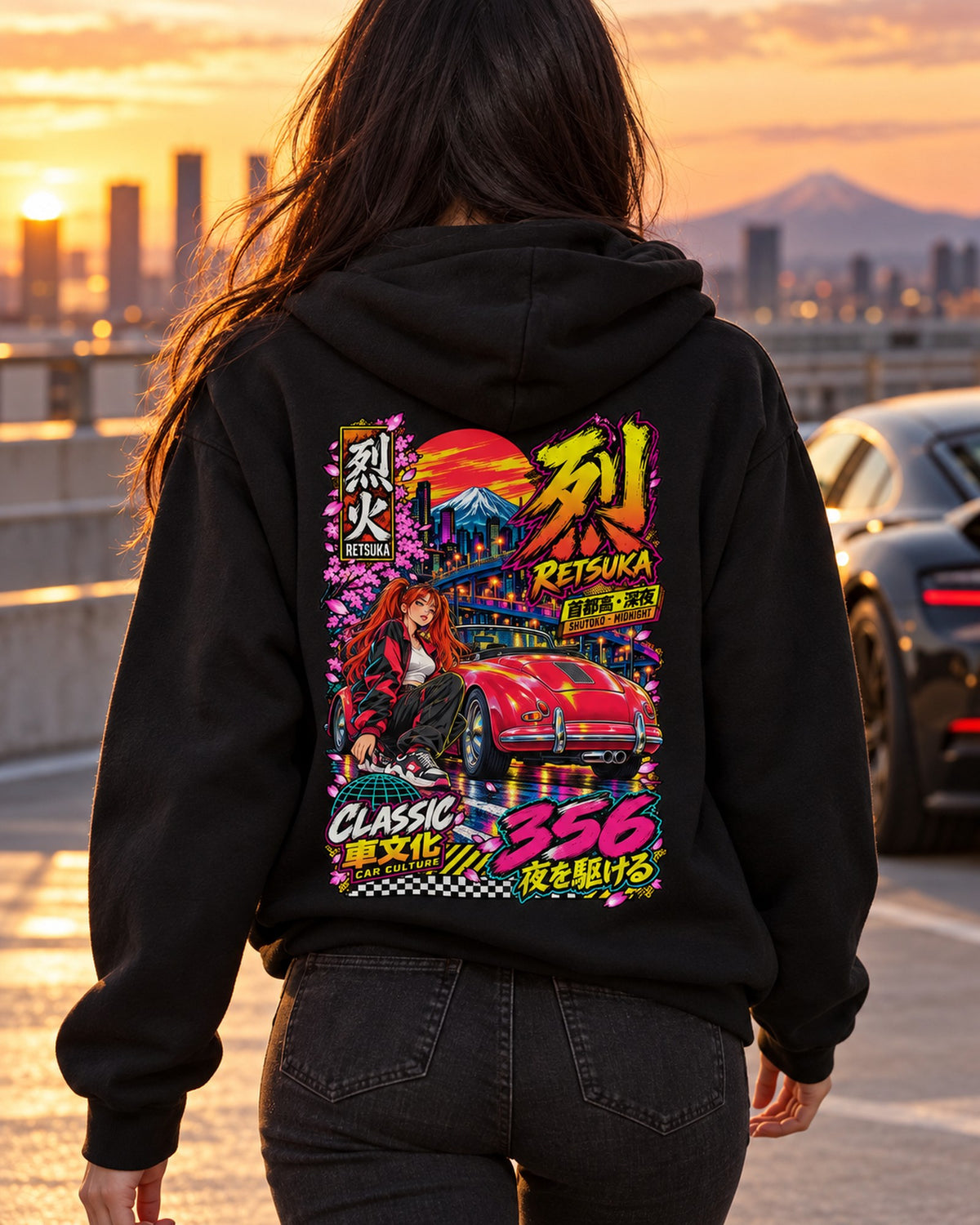 RETSUKA 356 Anime Girl Full-Back Graphic Tee Pull Over Hoodie Black worn hero