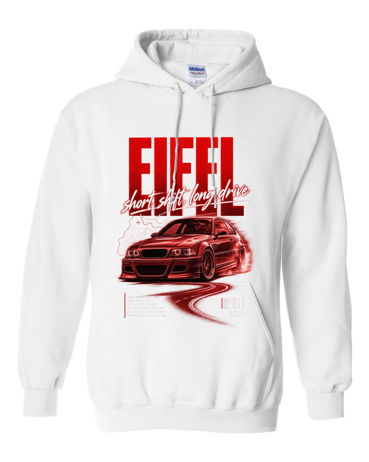 BMW E46 M3 coupe street poster print naming Eifel with short shift long drive text white pull over hoodie front view with the design