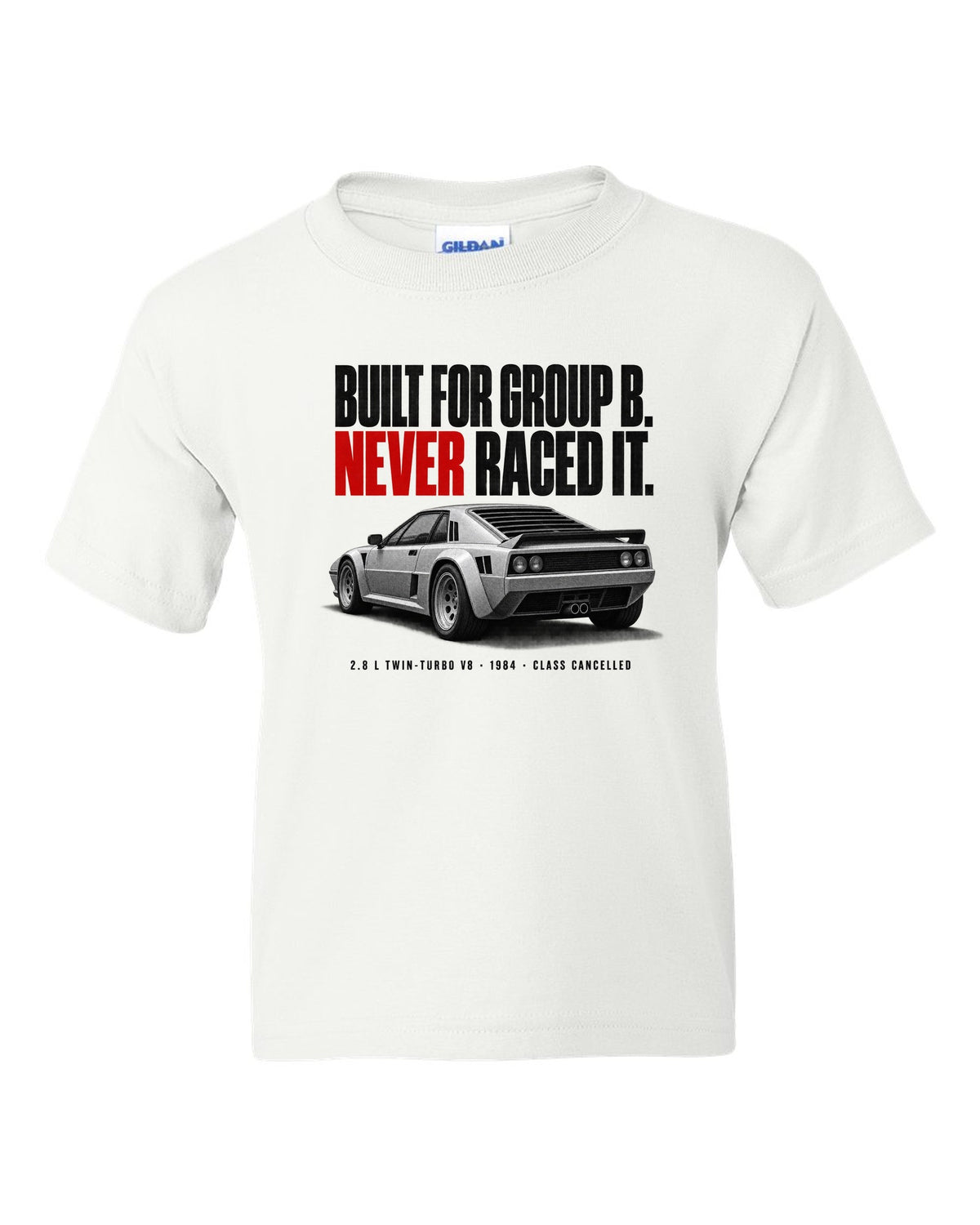 Ferrari 288 GTO 1984 rear three-quarter halftone print, built for Group B, never raced it white kids tee front view with the design