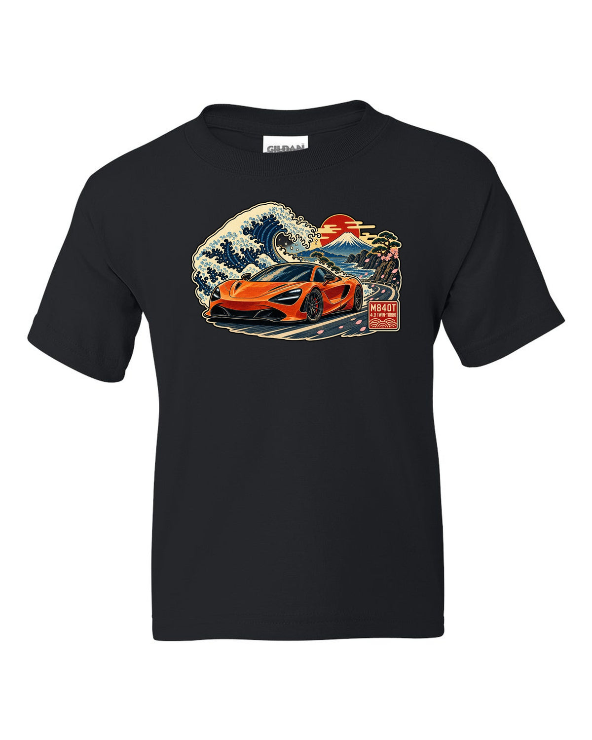 Ukiyo-e woodblock wave print of a McLaren 720S with M840T and 4.0 Twin-Turbo lettering black kids tee front view with the design