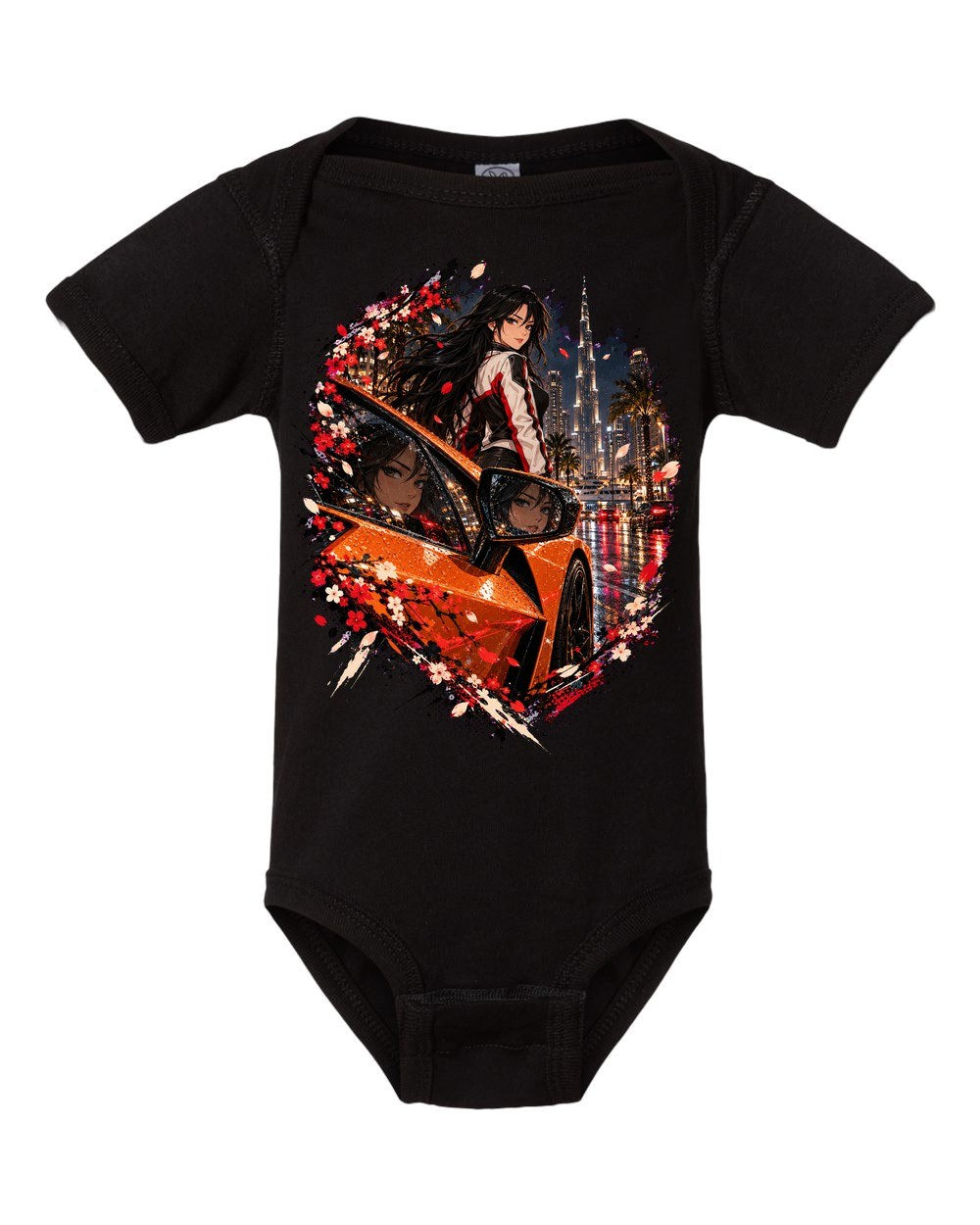 Lamborghini Revuelto Anime Girl Baby Onesie Black front