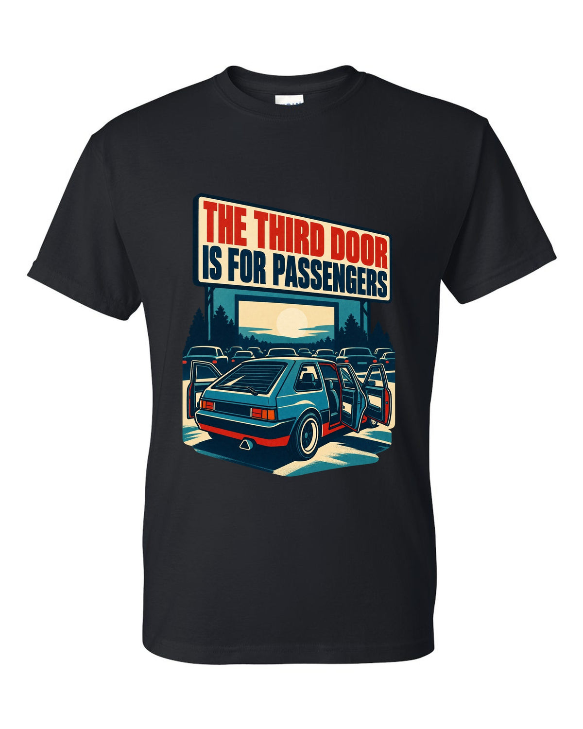 1960s litho race poster print of a Hyundai Veloster N JS with third door text black t-shirt front view with the design