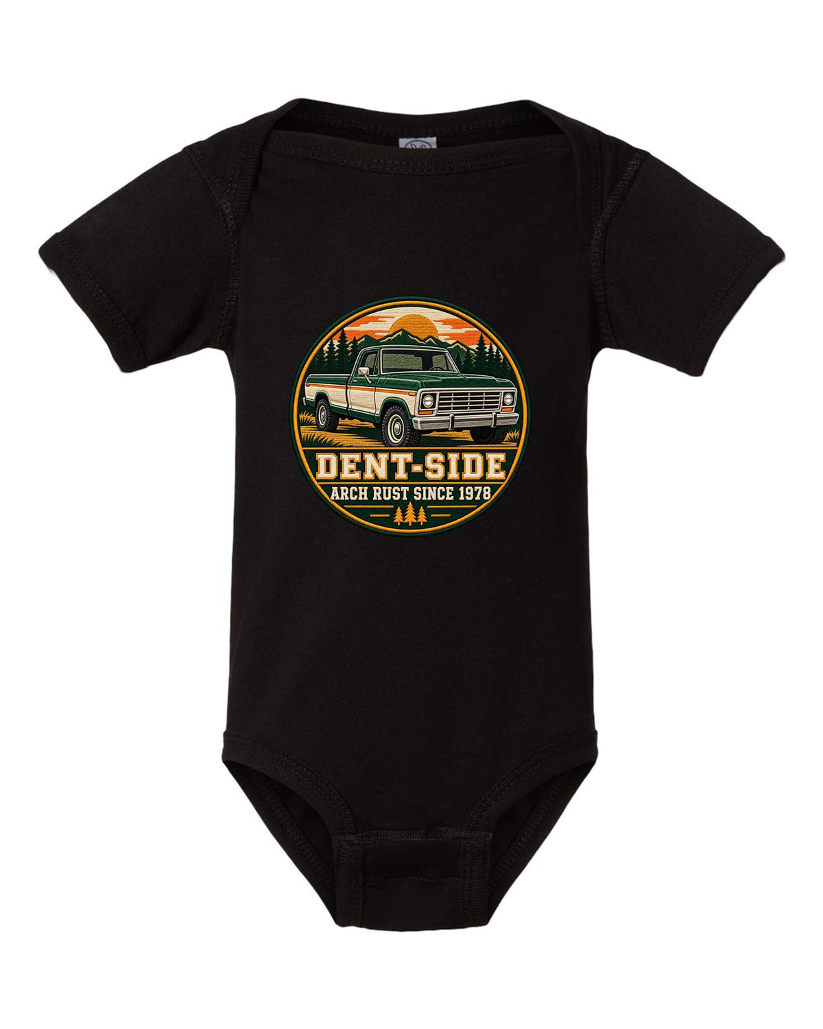 Dent-Side Ford F-150 1973-79 Varsity Crest Graphic Tee black baby onesie front view with the design