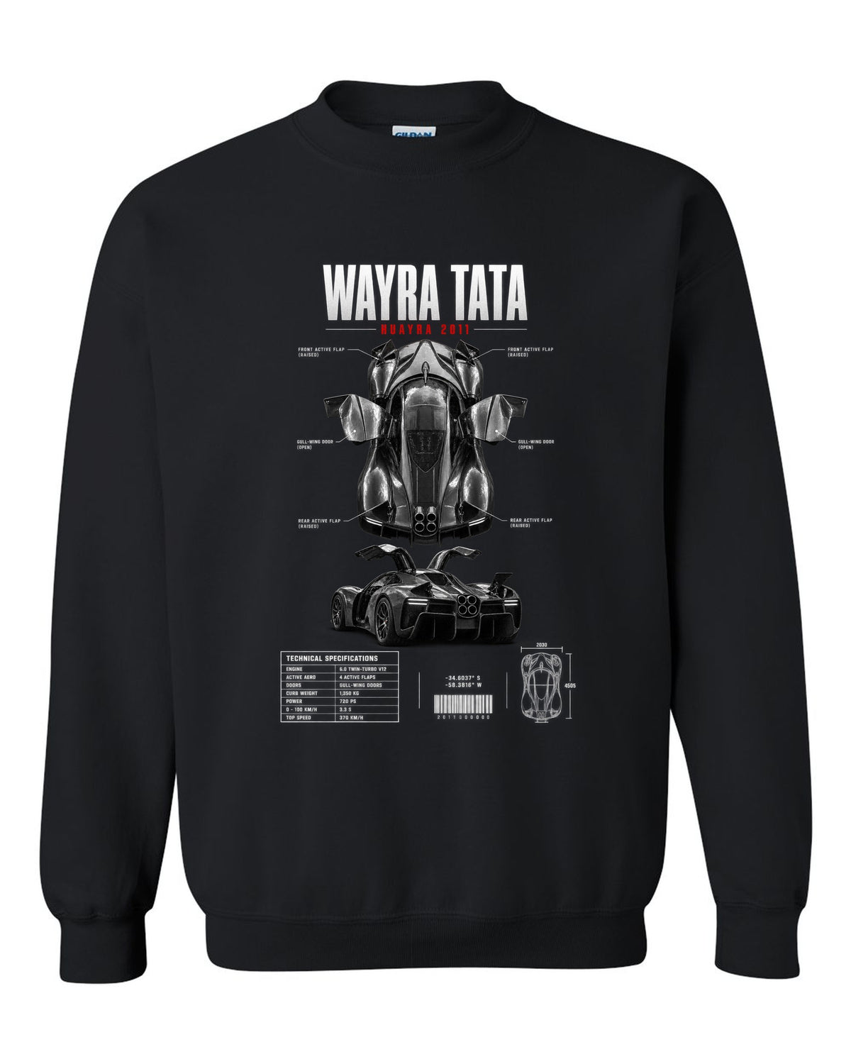 Spec poster print of a 2011 Pagani Huayra with four centre exhausts and gull-wing doors black crewneck front view with the design