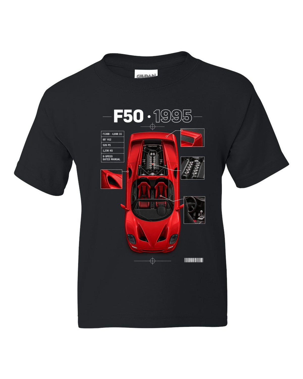 Ferrari F50 1995 top-down plan spec poster print, F130B 4,698 cc V12, 520 PS black kids tee front view with the design
