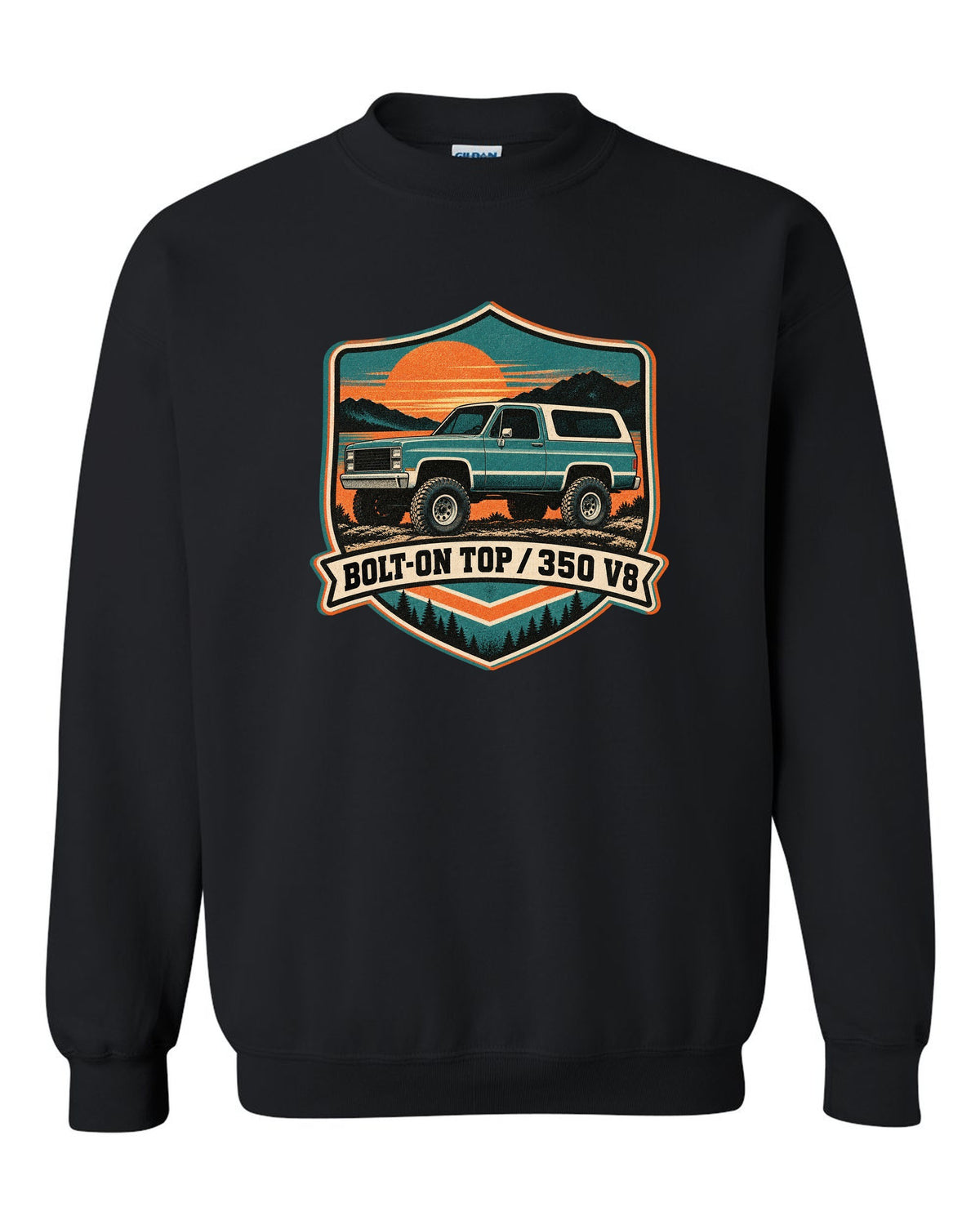 Risograph-style sunset print of a 1973-91 Chevrolet K5 Blazer with BOLT-ON TOP and 350 V8 text black crewneck front view with the design