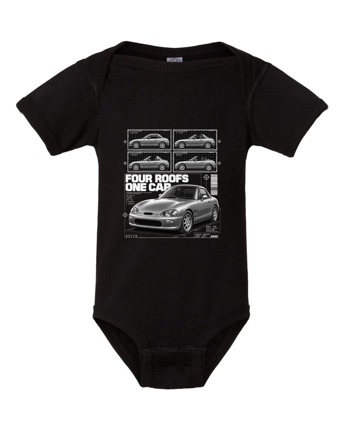 Dossier panel print of a Suzuki Cappuccino EA11R kei roadster black baby onesie front view with the design
