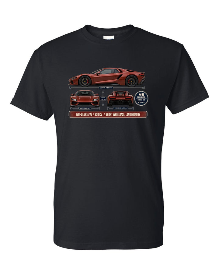 print three-view drawing with spec table of a Ferrari 296 GTB in brick red black t-shirt front view with the design