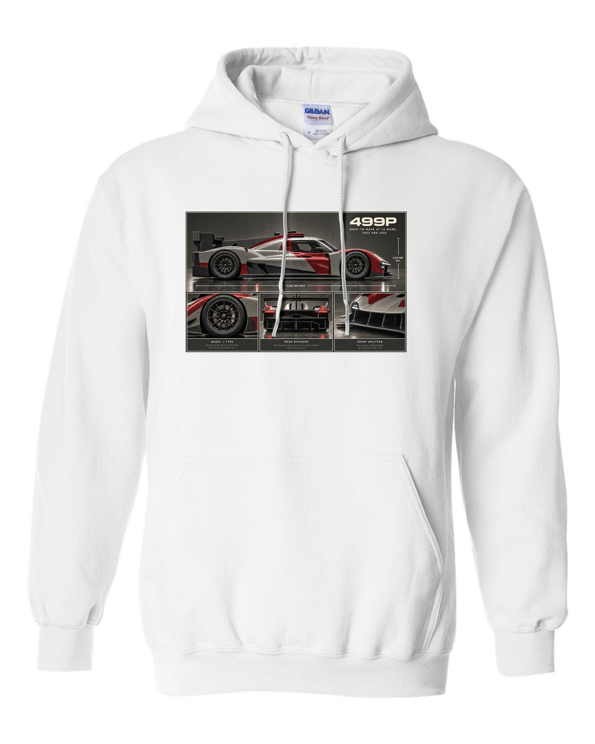 Ferrari 499P dossier panel print noting back-to-back at Le Mans 2023 and 2024 white pull over hoodie front view with the design