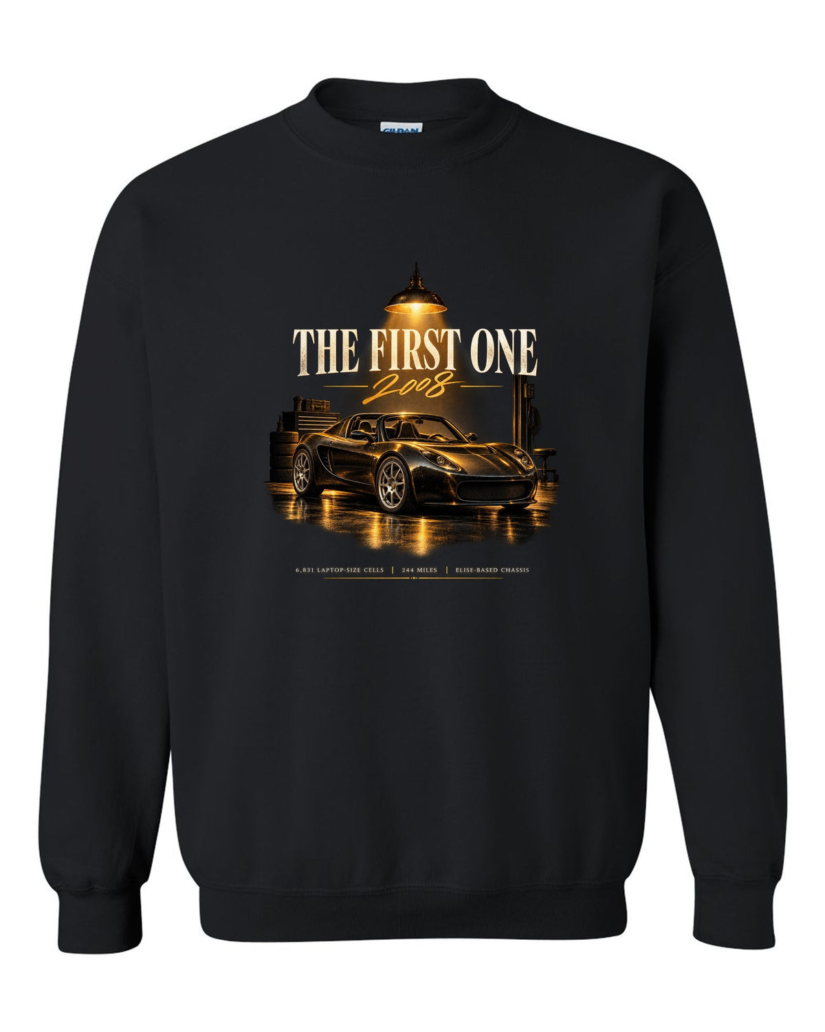Garage night print of a first generation 2008 Tesla Roadster black crewneck front view with the design