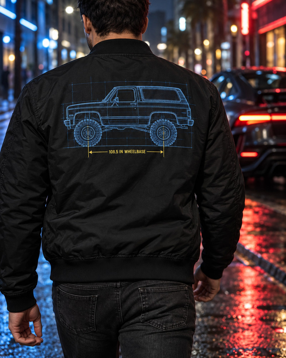 Chevrolet K5 Blazer Blueprint Side View Shirt, Squarebody Gift Bomber Jacket Black worn hero