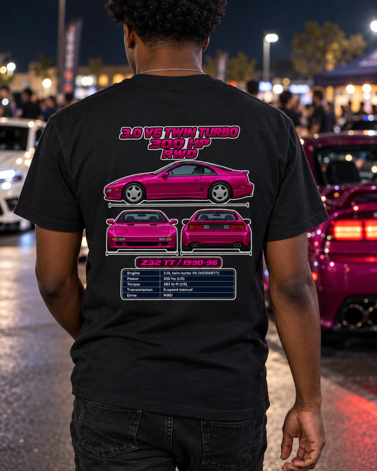 Nissan 300Zx Twin Turbo Z32 Spec Sheet Full-Back Graphic Tee T-Shirt Black worn hero