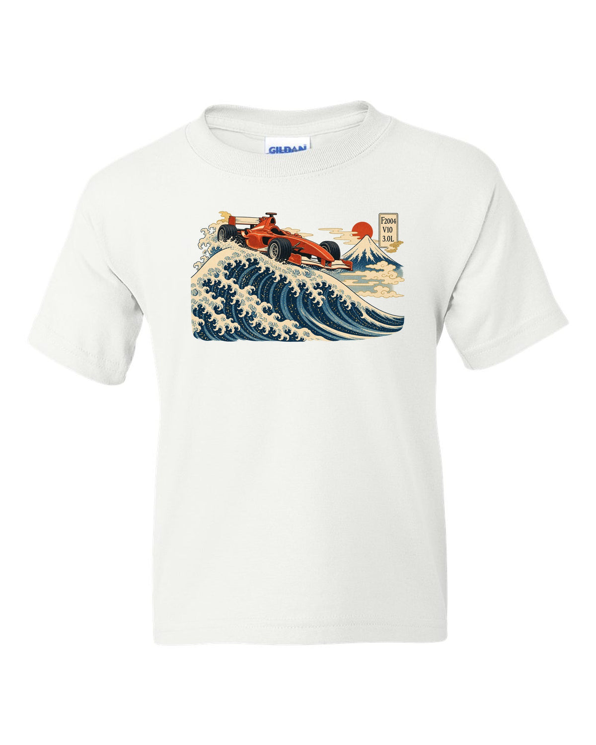 Woodblock print style Ferrari F2004 Formula 1 car in front of a wave with V10 lettering white kids tee front view with the design