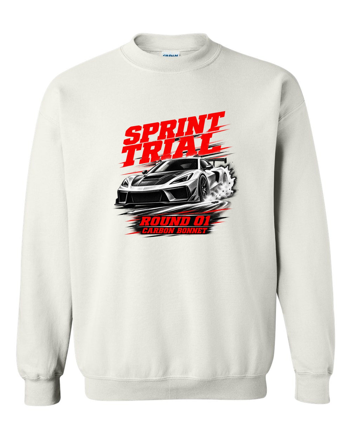Honda NSX-R NA1 race poster design with sprint trial round 01 carbon bonnet text white crewneck front view with the design