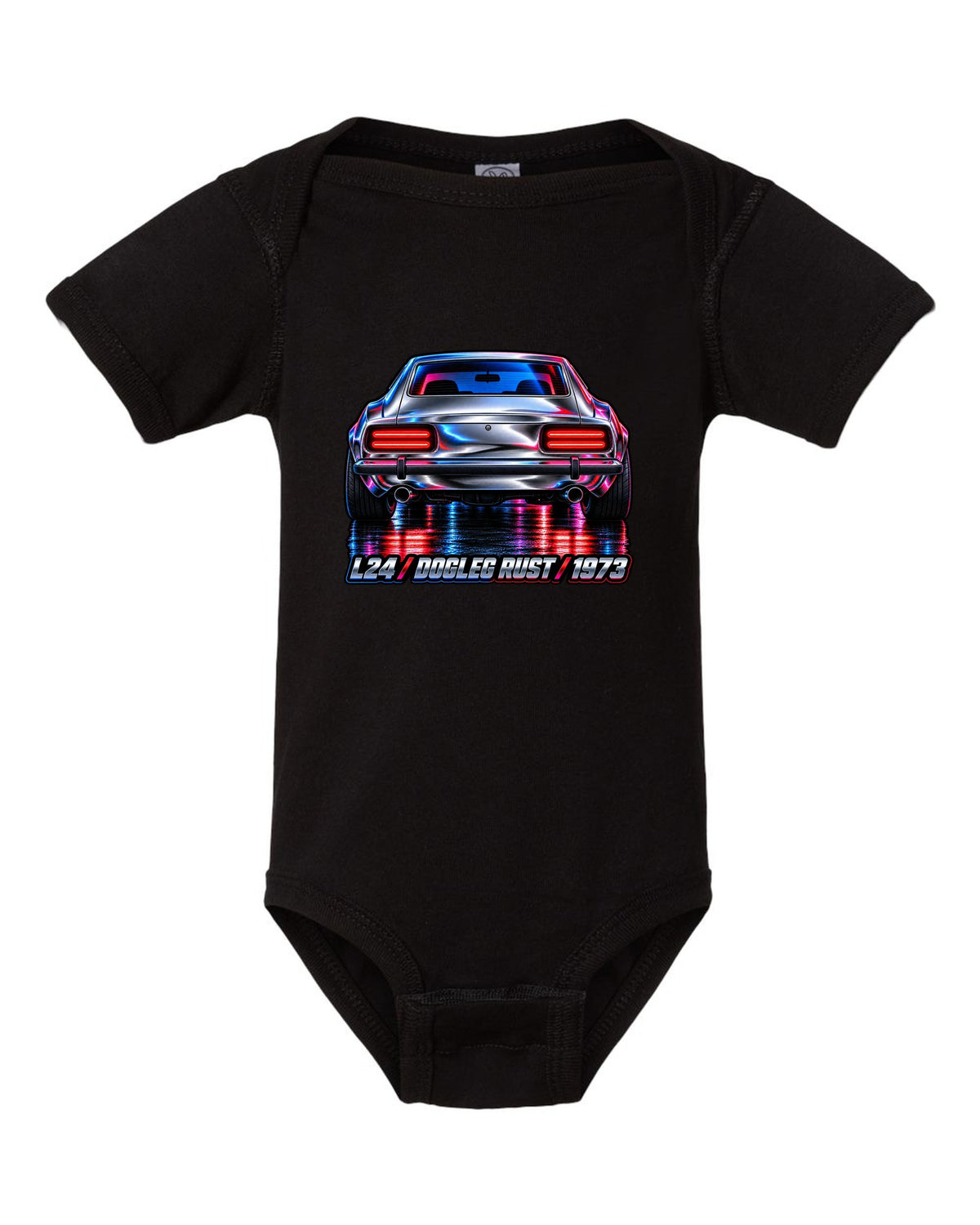 Airbrush chrome close-up of a 1973 Datsun 240Z rear taillights black baby onesie front view with the design