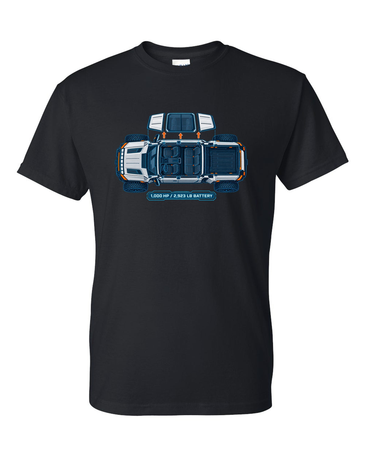 GMC Hummer EV roof panels shown as a white and cyan blueprint with 1,000 HP and battery weight black t-shirt front view with the design