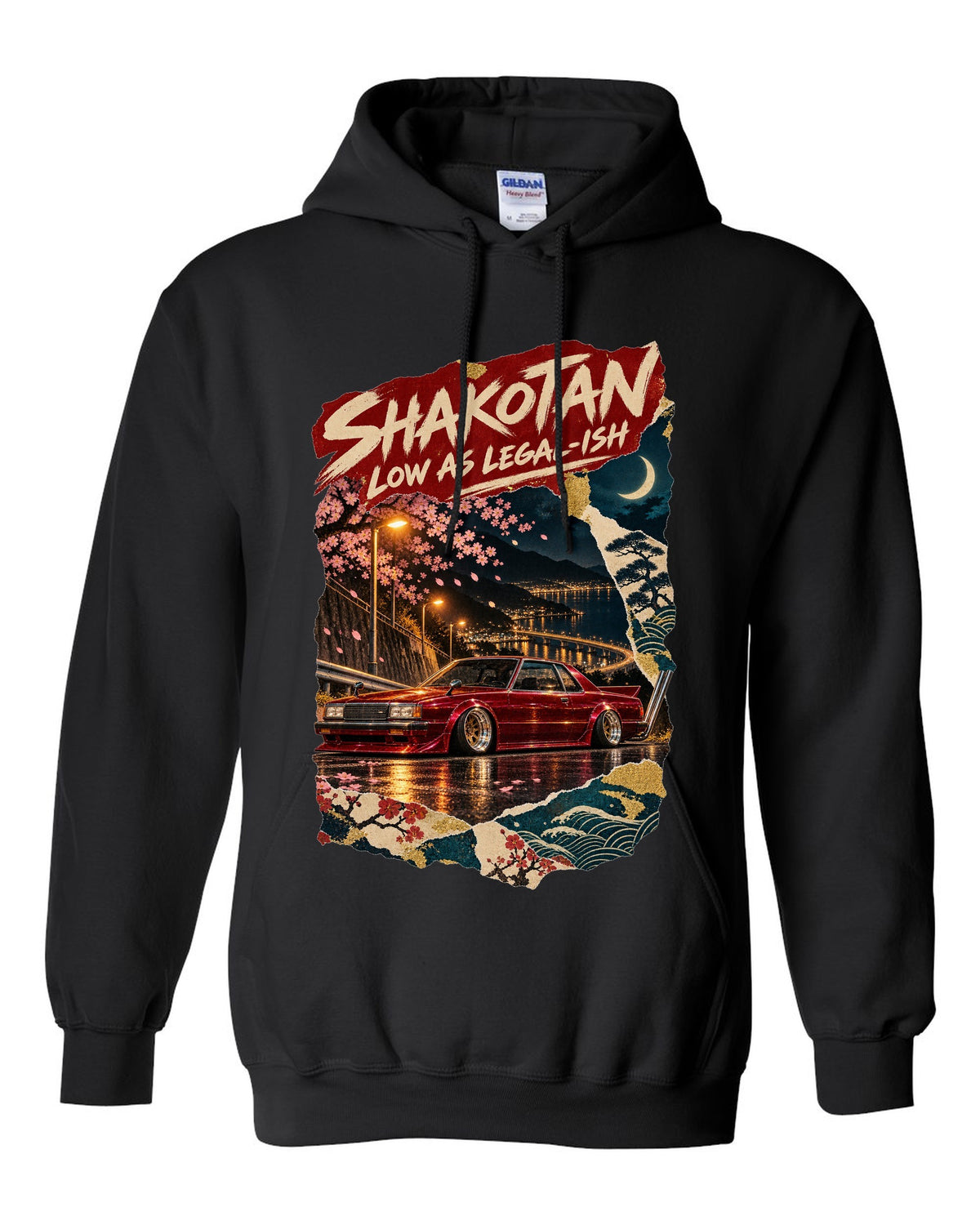 Japanese poster collage of a lowered kaido racer coupe with SHAKOTAN lettering black pull over hoodie front view with the design
