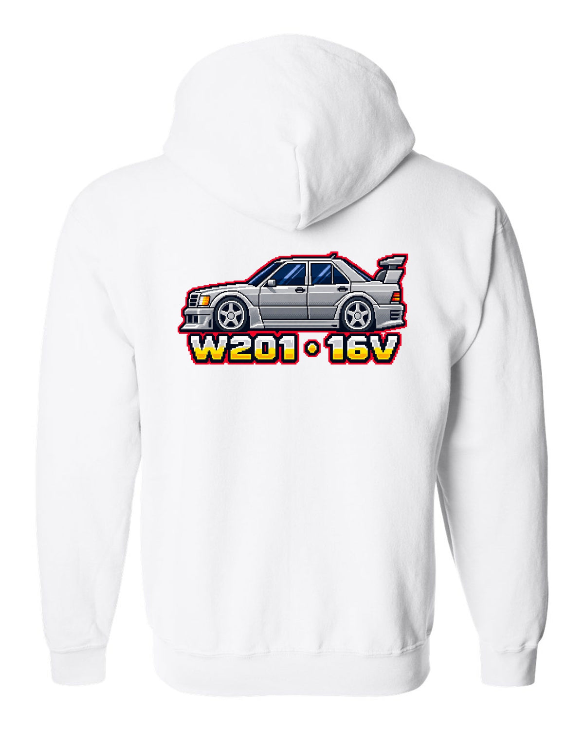 Mercedes 190E Evo II W201 16-Bit Pixel Art Tee, Car white zip hoodie back view with the design