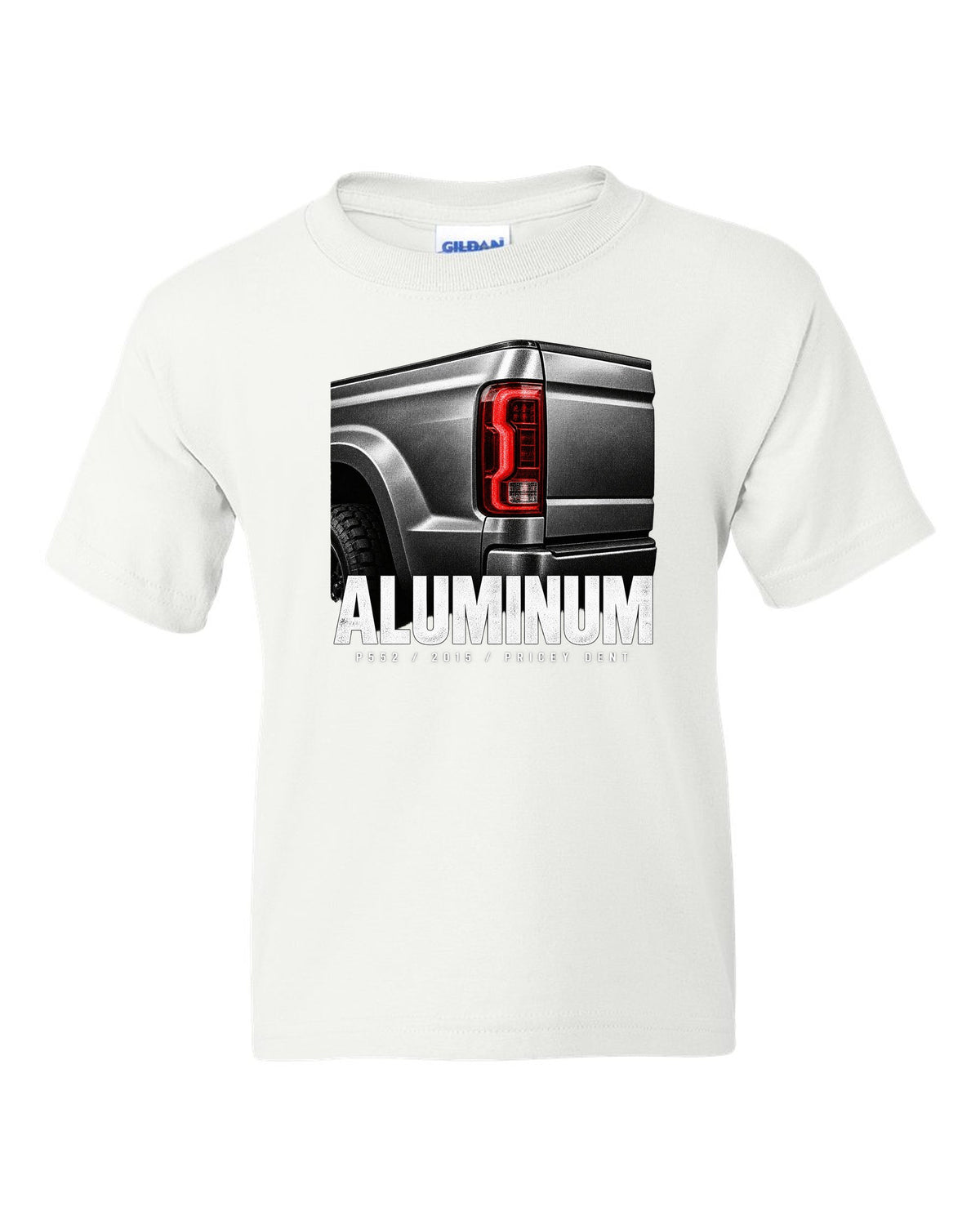 Macro print of a 2015-20 Ford F-150 P552 tailgate with aluminum and pricey dent text white kids tee front view with the design