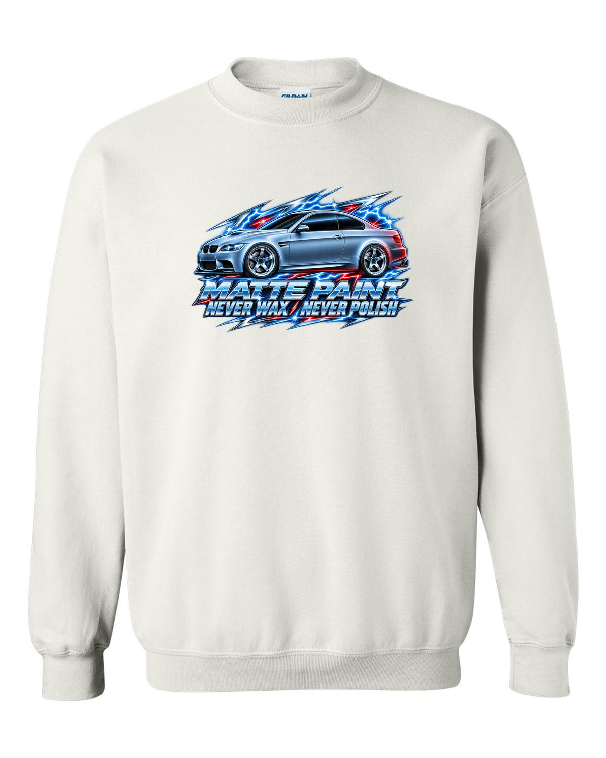 80s chrome airbrush print of a BMW E92 M3 coupe with matte paint never wax never polish text white crewneck front view with the design