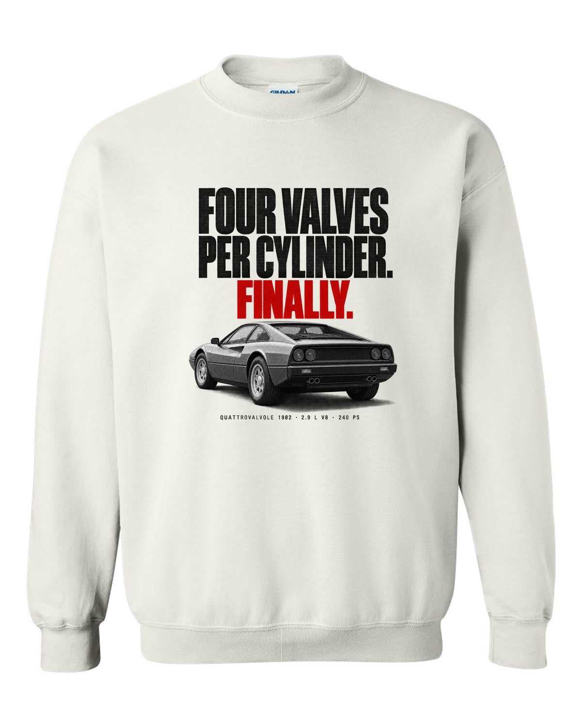Ferrari 308 GTB Quattrovalvole 1982 rear three-quarter halftone print, four valves per cylinder white crewneck front view with the design