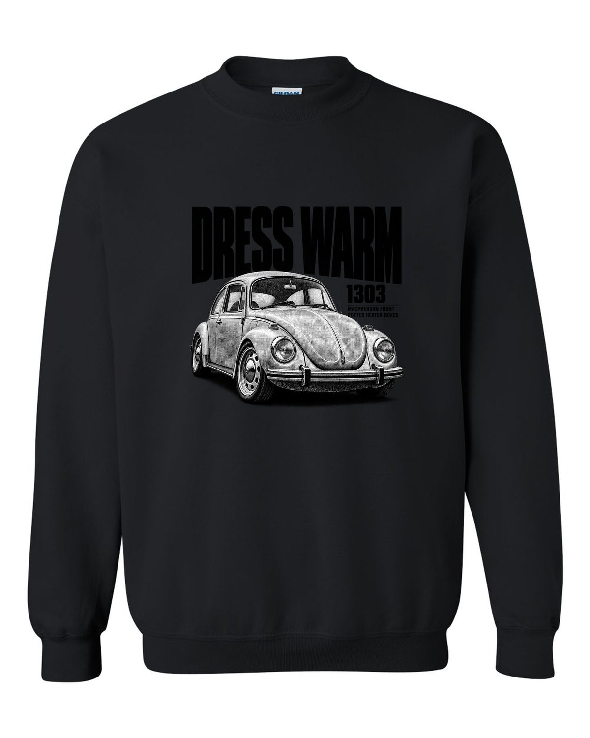 Halftone print of a VW Beetle Type 1 1303 front three-quarter with dress warm text black crewneck front view with the design