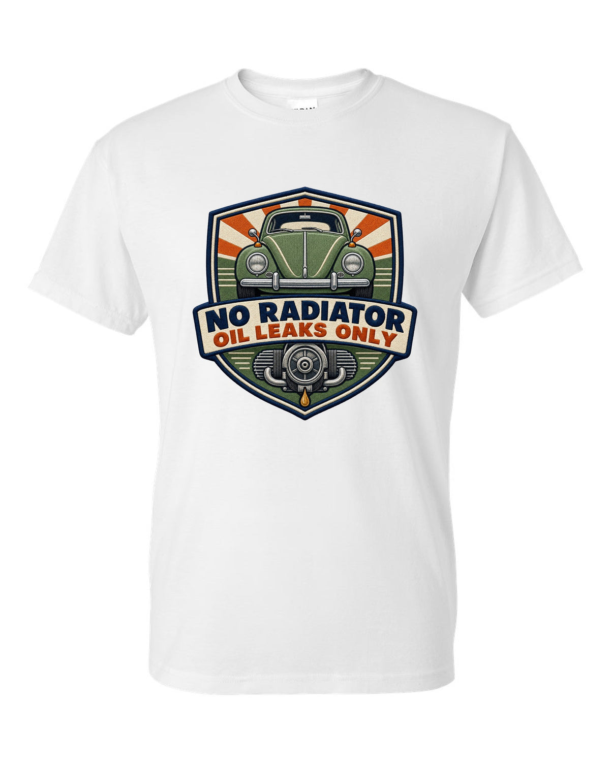 Shield crest for the VW Beetle Type 1 1303 reading no radiator, oil leaks only white t-shirt front view with the design