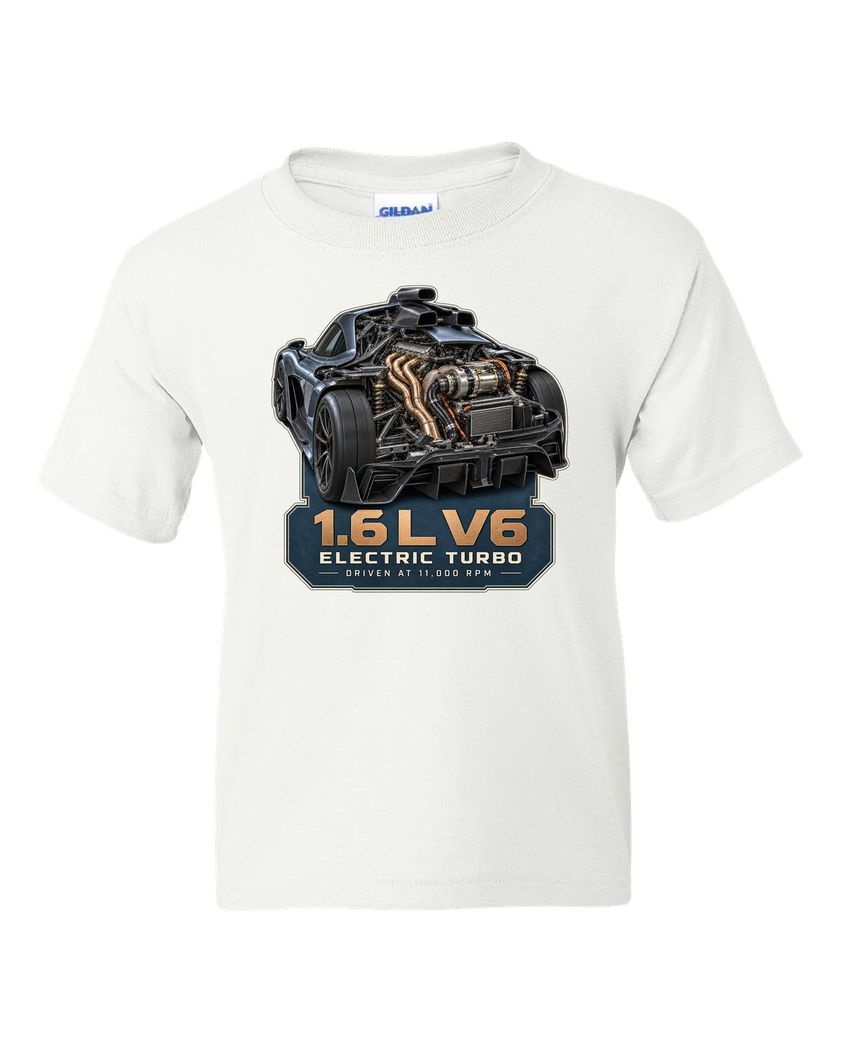 Mercedes-AMG One 1.6 L V6 hybrid power unit engine illustration white kids tee front view with the design