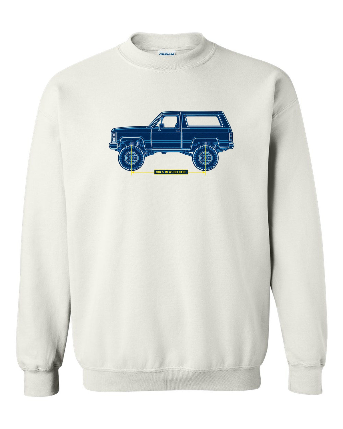 Chevrolet K5 Blazer Blueprint Side View white crewneck front view with the design