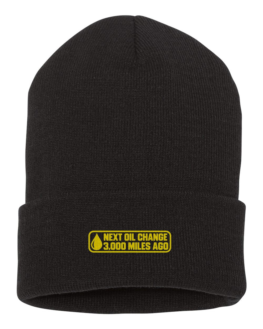 Funny Next Oil Change Shirt For Car Guys black beanie front view with car name