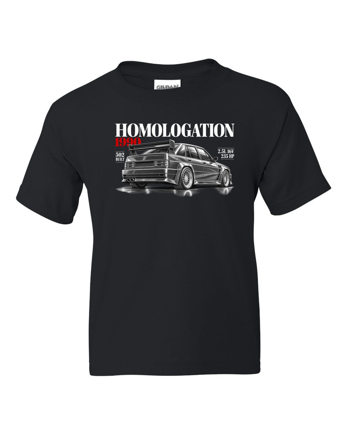 print editorial headline of a Mercedes 190E 2.5-16 Evolution II W201 with homologation 1990 502 built black kids tee front view with the design