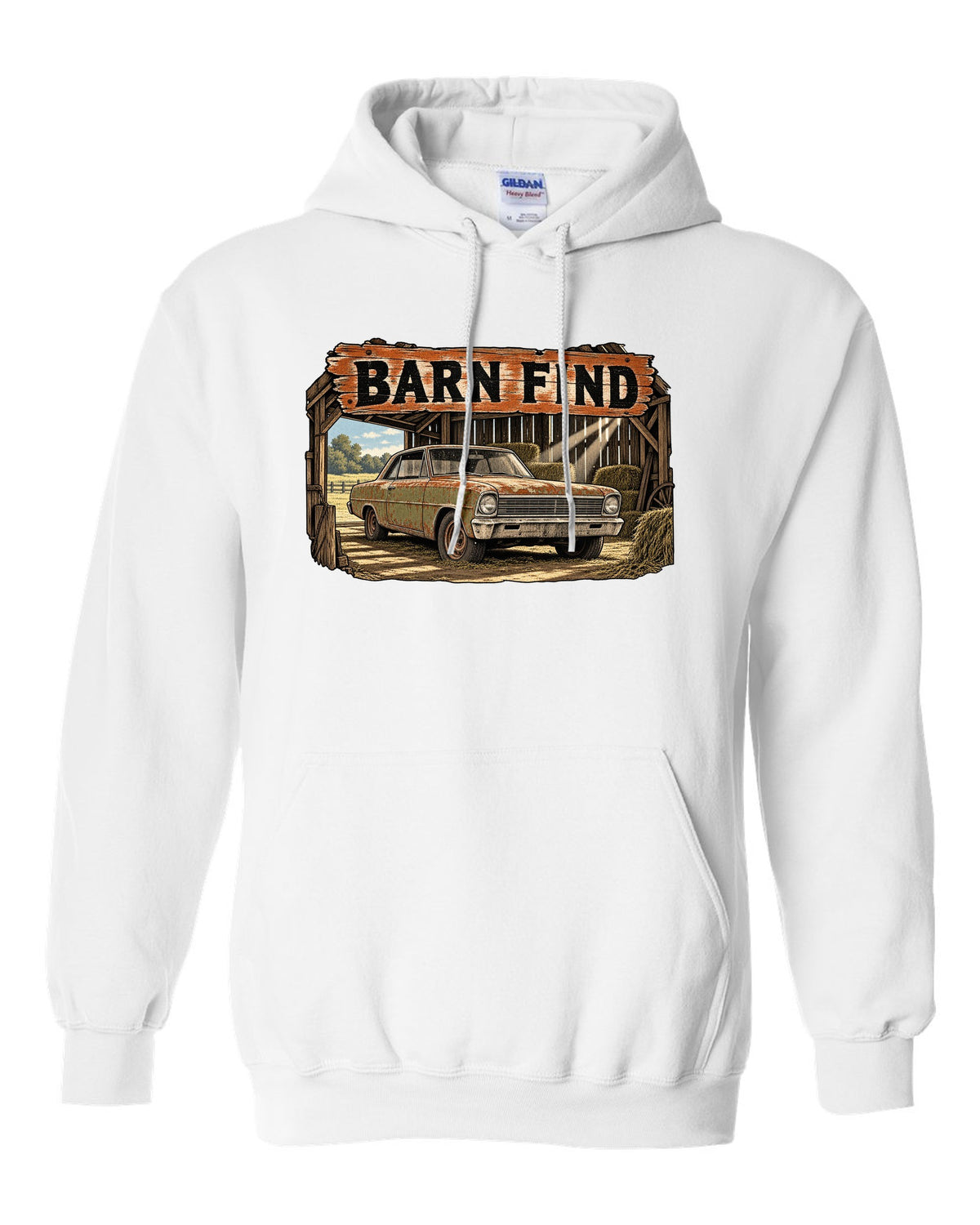 Retro manga halftone print of a 1966 Chevrolet Nova Chevy II with the text Barn Find white pull over hoodie front view with the design