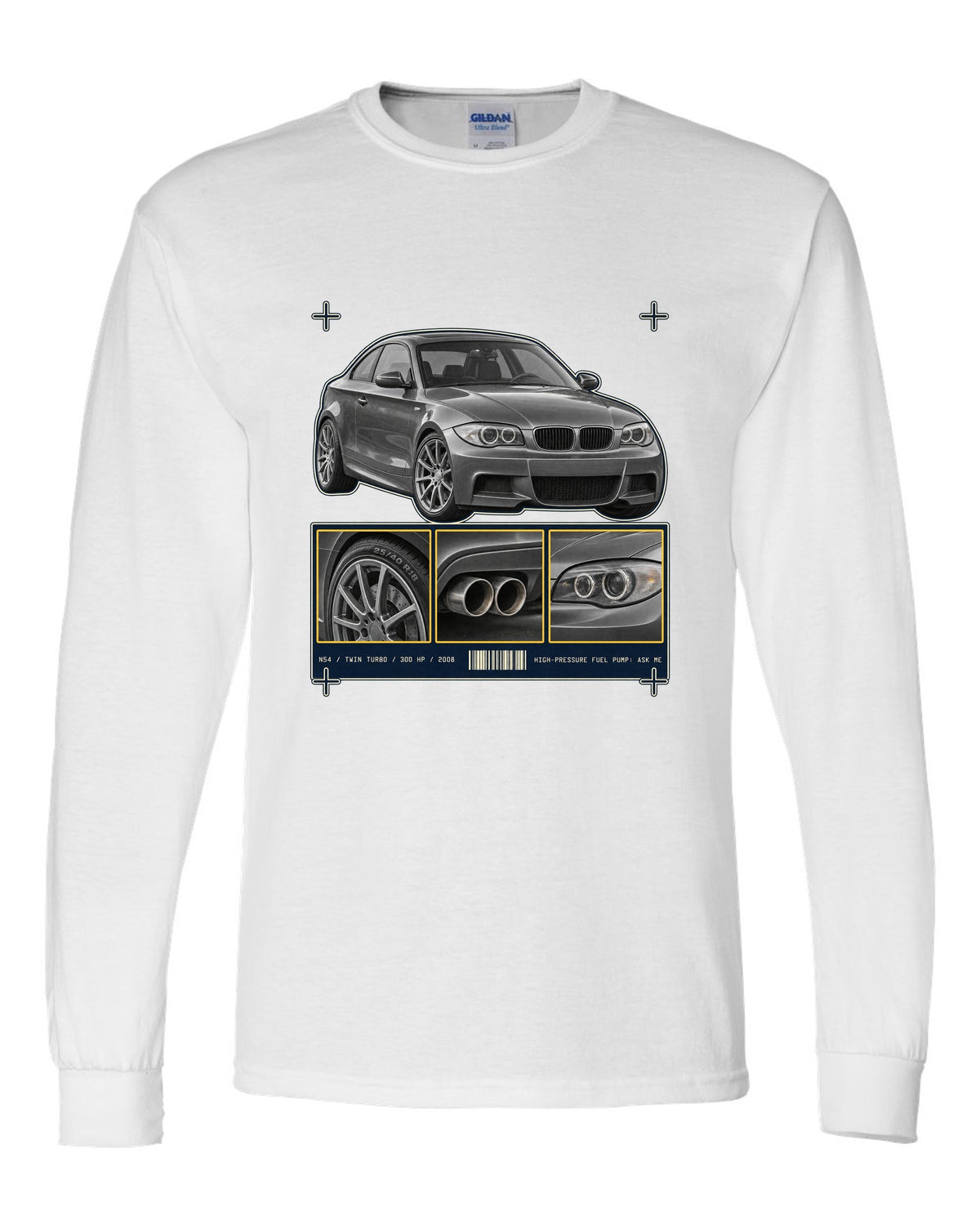 BMW 135i E82 coupe dossier panel print with N54 specs white long sleeve front view with the design