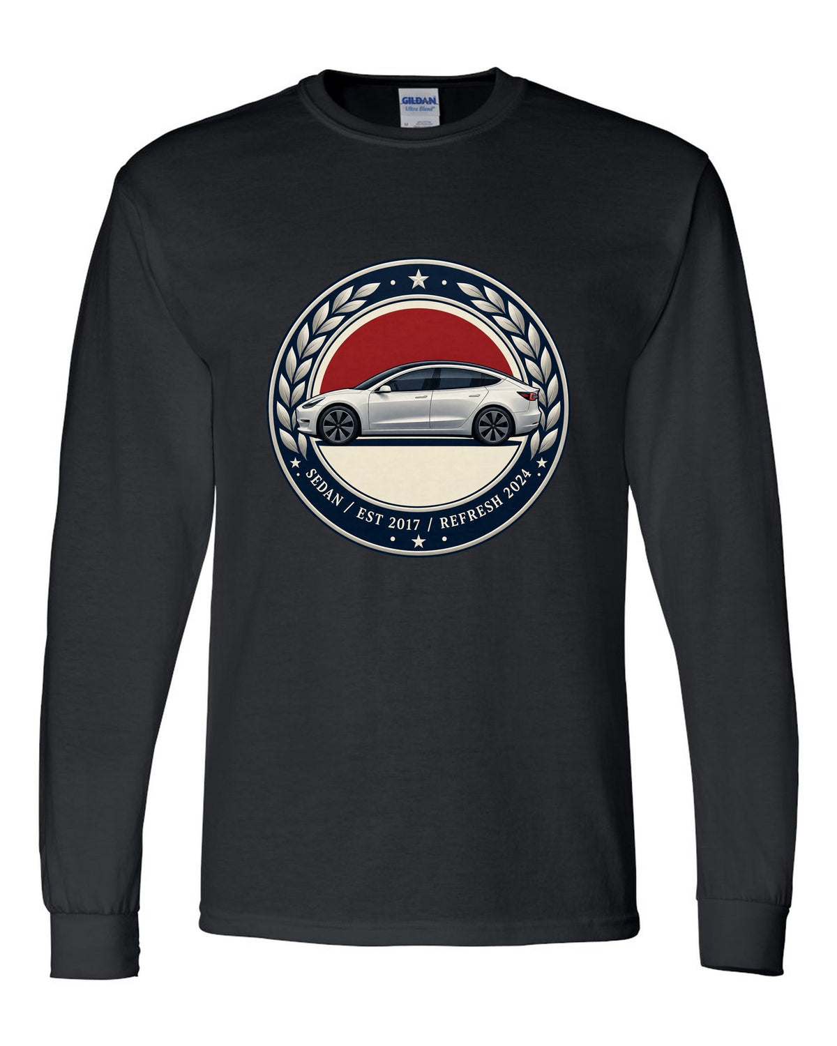 Round crest print of a Tesla Model 3 sedan reading Est 2017 and Refresh 2024 black long sleeve front view with the design