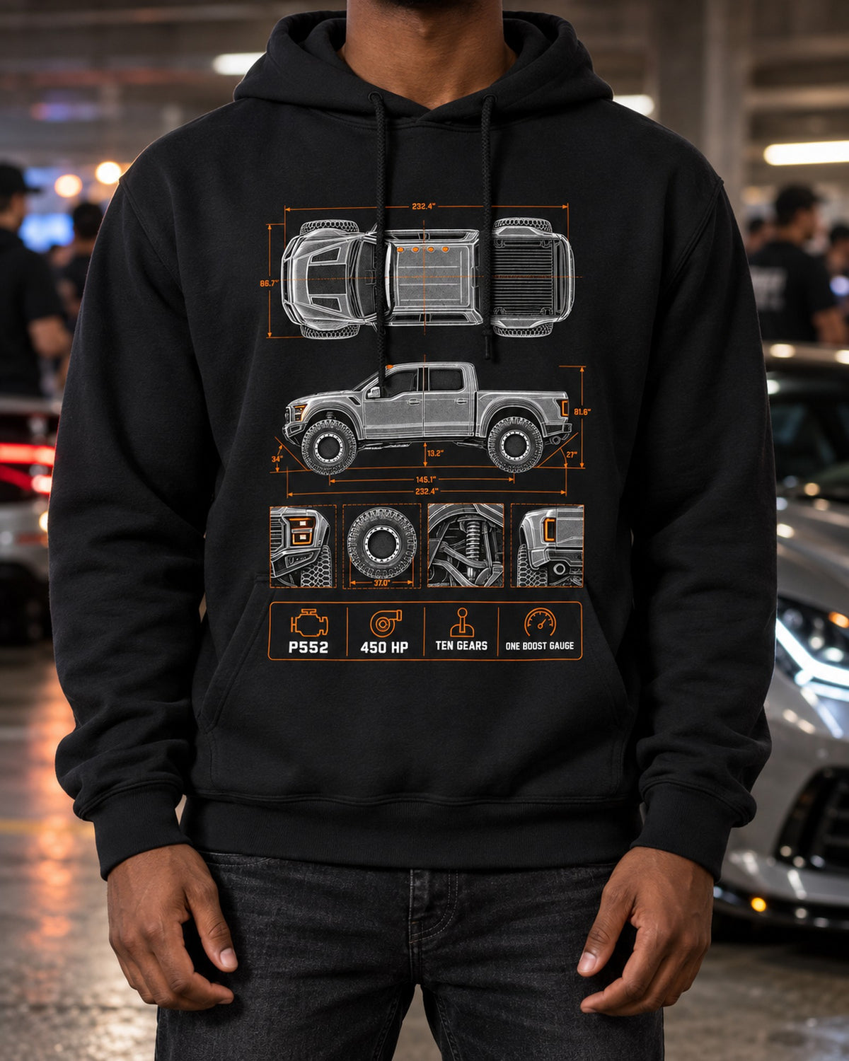 Ford F-150 Raptor Gen 2 P552 Spec Poster Tee, Truck Gift Pull Over Hoodie Black worn hero