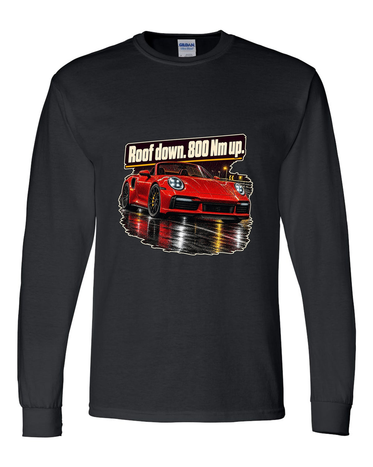 Night street print of a Porsche 992 Turbo S Cabriolet with roof down black long sleeve front view with the design