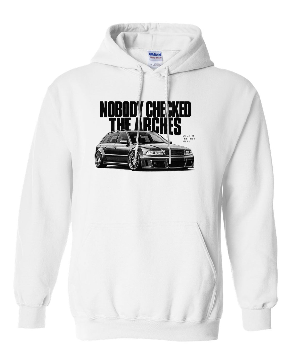 Audi RS6 Avant C5 4B front three-quarter in halftone with arches text white pull over hoodie front view with the design