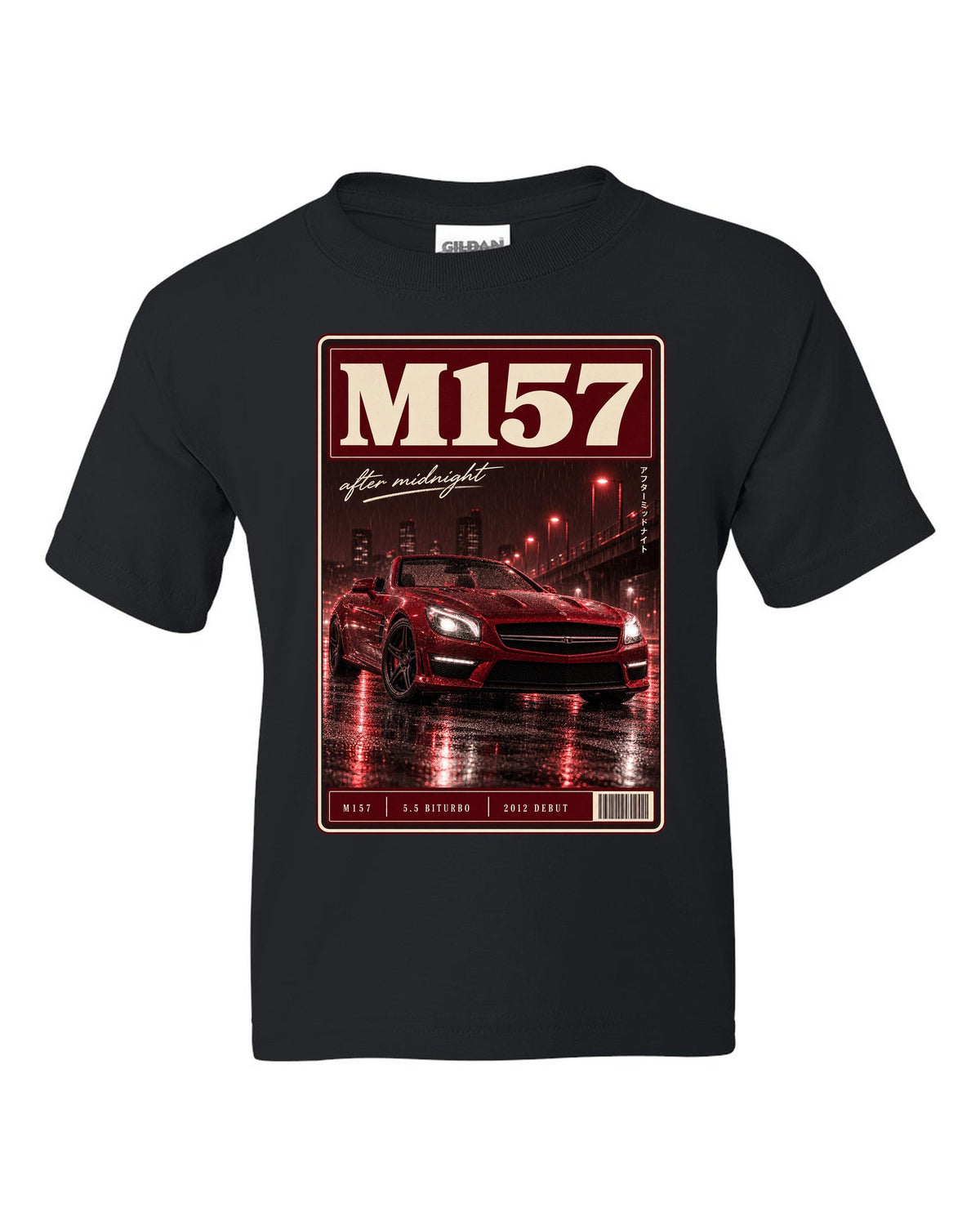Mercedes-Benz SL63 R231 low front three-quarter night street scene in red monochrome black kids tee front view with the design
