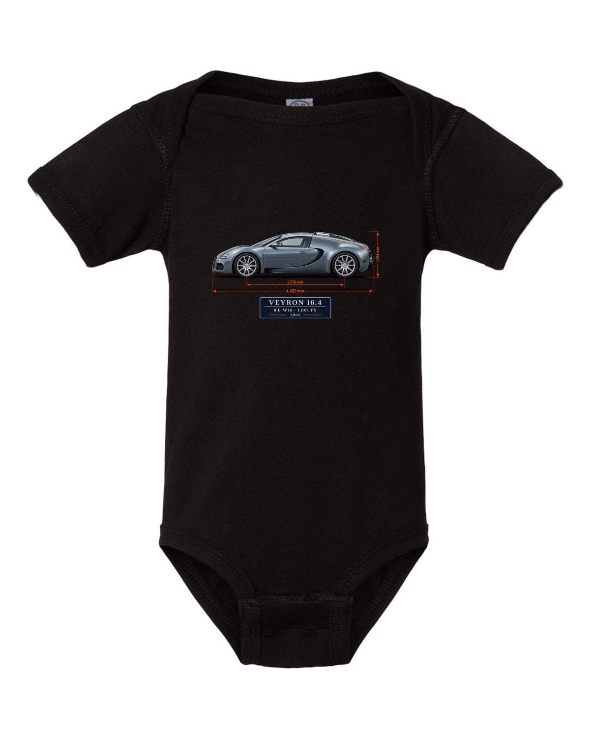 Bugatti Veyron 16.4 dimension blueprint print with size and engine specs black baby onesie front view with the design