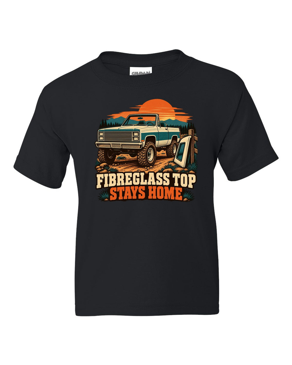 Retro two-colour print of a 1973-91 Chevrolet K5 Blazer with the top removed and FIBREGLASS TOP STAYS HOME text black kids tee front view with the design