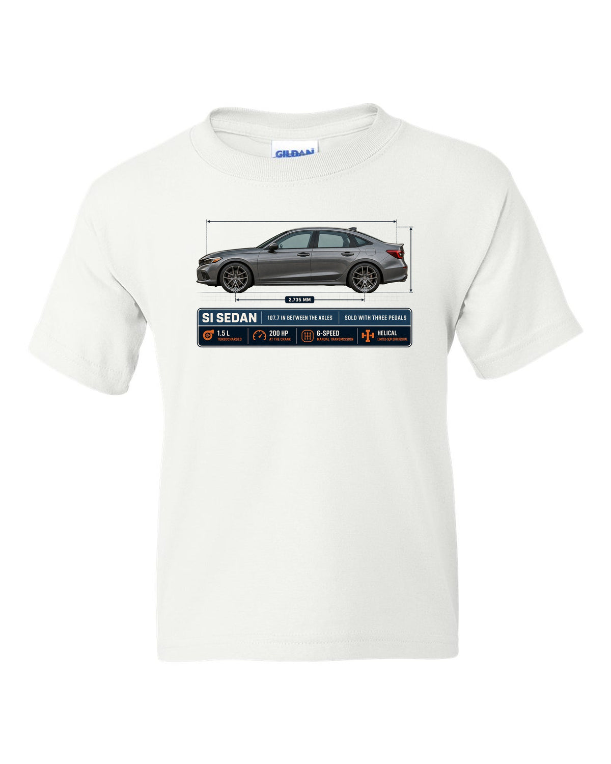 Civic Si FE1 Sedan Dimension Blueprint white kids tee front view with the design
