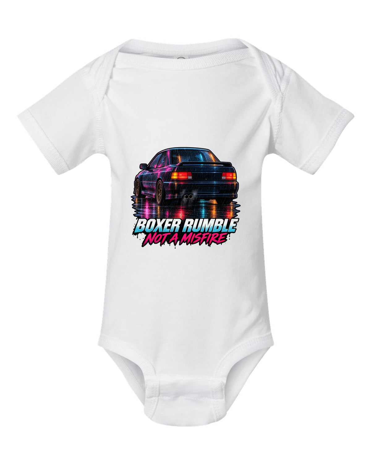 Painterly night scene of a Subaru Impreza WRX GC8 coupe with wet taillight reflections white baby onesie front view with the design